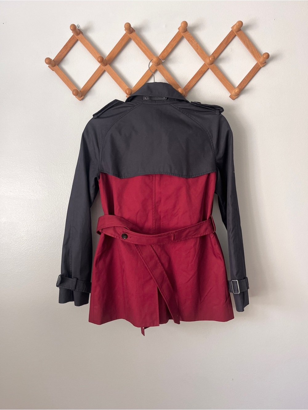 Coach Womens Colorblock Trench Coat Navy Burgundy Red Tan $450 Belted Jacket XS - Picture 3 of 5
